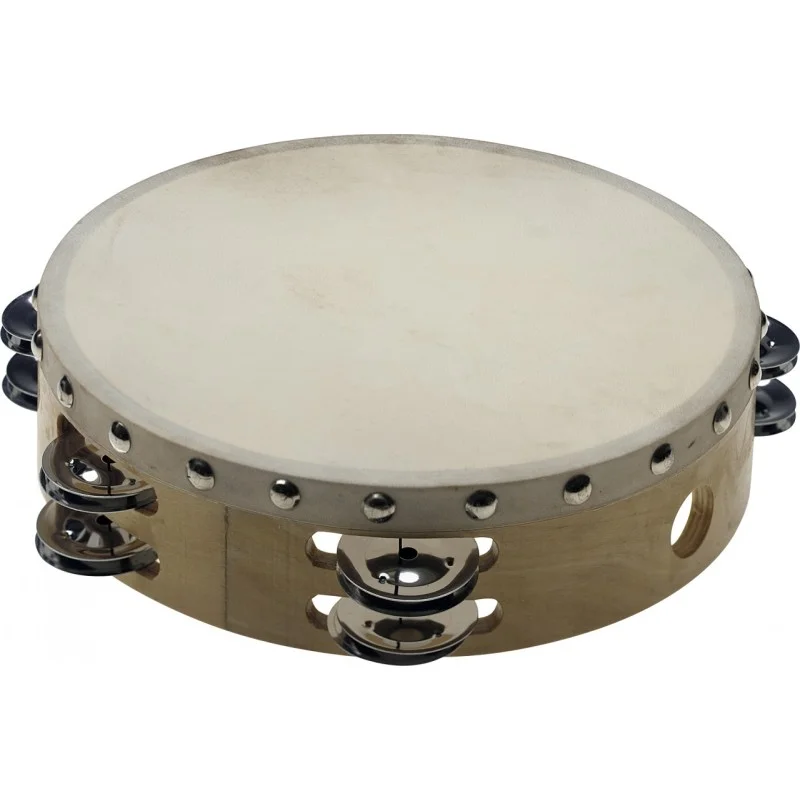 Authentique TAMBOURIN 8 PRE-ACCORDE EN BOIS, PEAU FIXE RIVETEE, 2 RANGEES DE CYMB