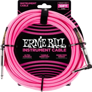 Ernie ball Cables instrument Gaine Tissée Jack/Jack Coudé 3m Rose Fluo Haute Qualité