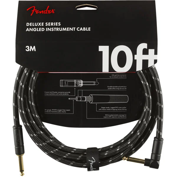 Bon Marché Fender Deluxe Instrument Cable, Straight/Angle, 10ft - Black Tweed