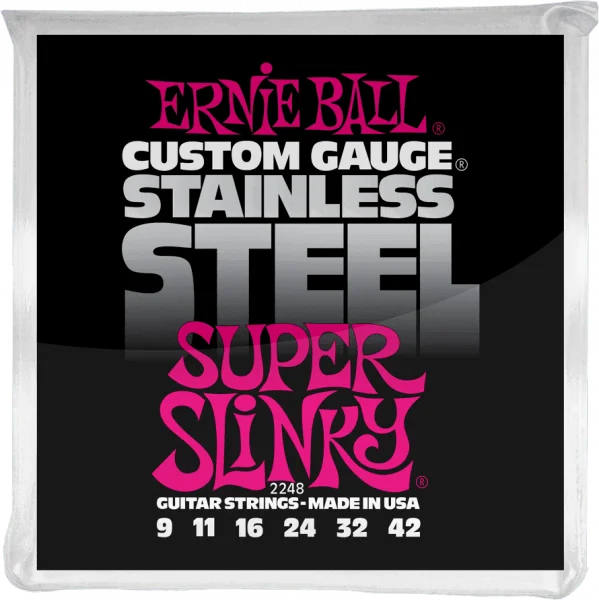 Ernie ball Electric (6) 2248 Custom Gauge Stainless Steel Super Slinky 9-42 - jeu de 6 cordes Authentique