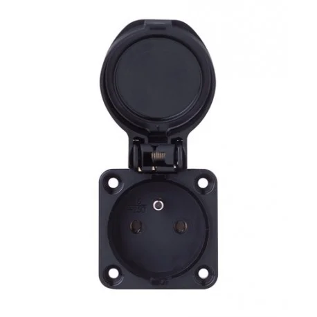 SOCLE SECTEUR FEMELLE 2P+T 240V 16A IP54 NOIR AVEC COUVERCLE PCE (100150) Petit Prix