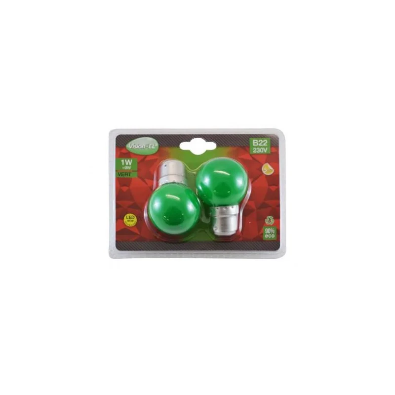 Achat Immédiat BLISTER DE 2 LAMPES LED 230V 1W B22 VERT 45X68mm MIIDEX