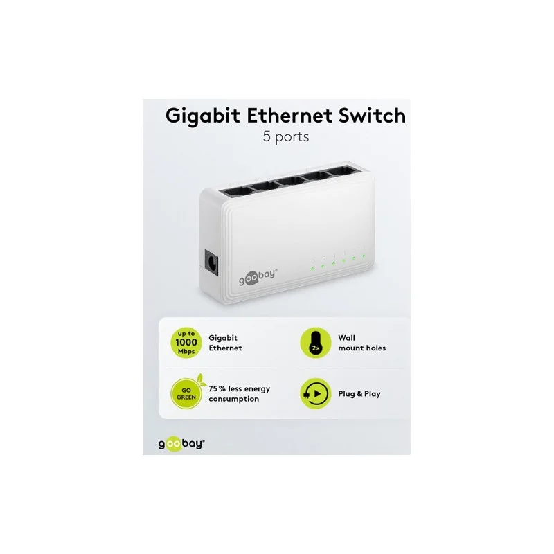 Expédié Aujourd'hui SWITCH ETHERNET 5 PORTS 10/100/1000 MBPS GIGABIT GOOBAY