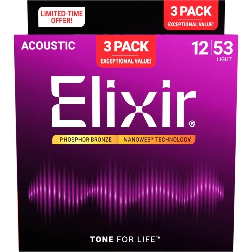 Bon Plan Elixir Nanoweb Phosphor Bronze light 12-53 - Pack 3 jeux