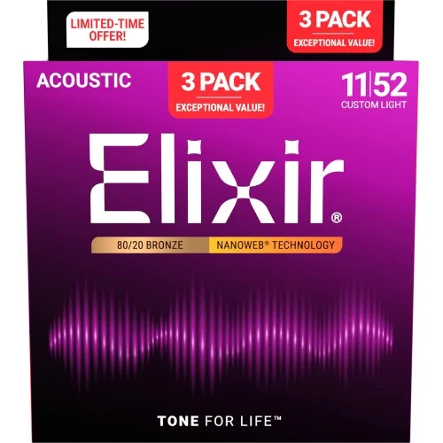 Elixir Acoustic NanoWeb Bronze 16564 custom light - Pack 3 Meilleure Vente